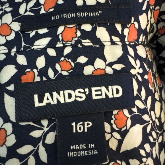 Lands' End Supima Blouse No Iron Women's Button Up Floral Shirt Navy Petite 16P - Picture 5 of 8
